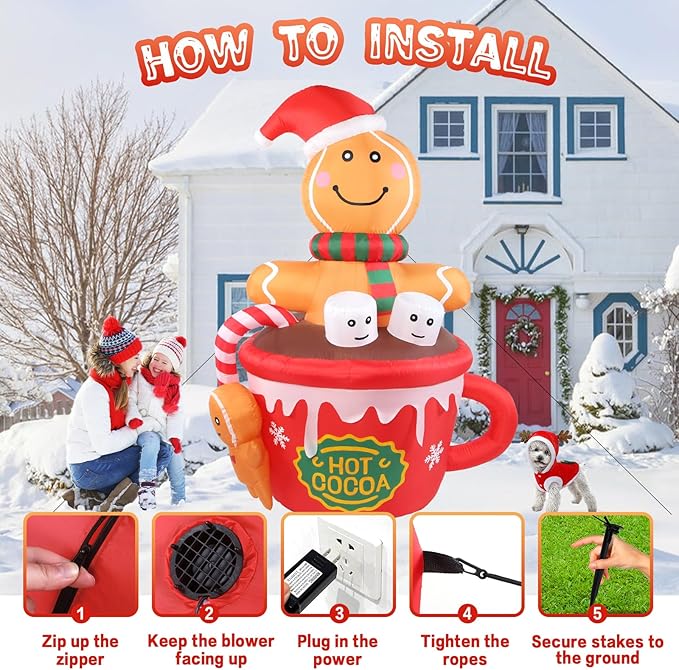 Gardentime 6FT Christmas Gingerbread Man Inflatables Outdoor Decoration Hot Cocoa Cup Cute Giant Xmas Blowups with Built-in LED Lights for Holiday Indoor Yard Lawn Garden Outside Home Décor