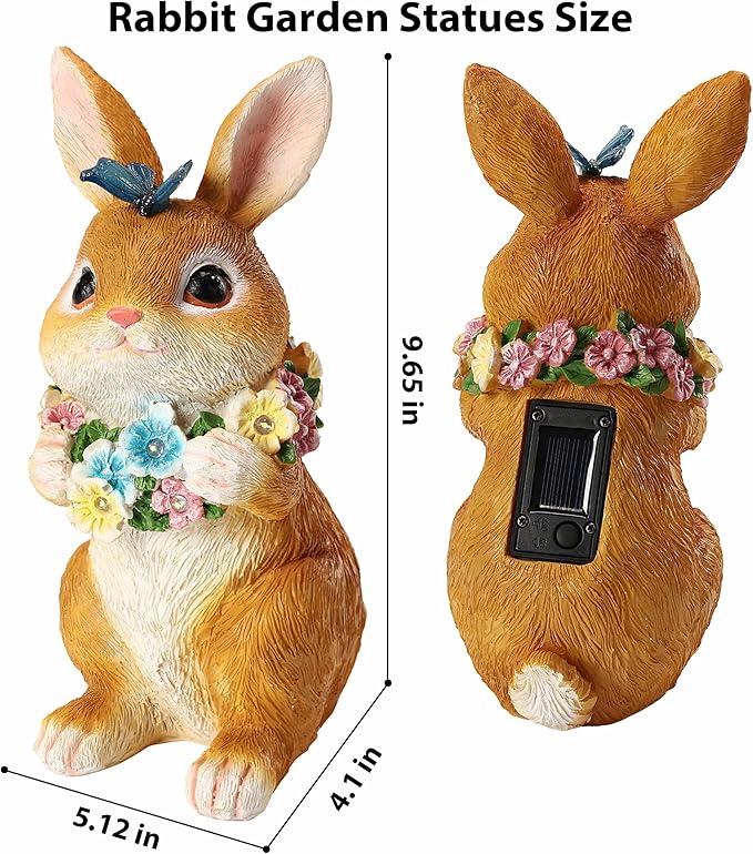 Solar Garden Statues Outdoor Decor, Rabbit Statue with Butterfly & Flowers, Yard Decoration with 6 LED Lights for Patio, Balcony, Backyard, and Lawn, Unique for Mom, Grandma