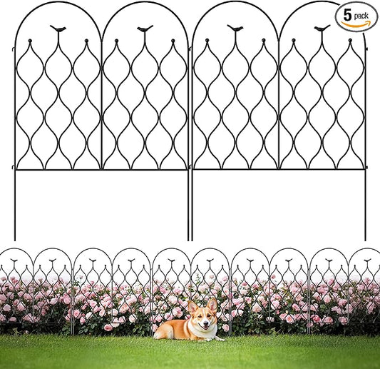 Decorative Metal Garden Fence 32 in (H) x 118 in (L), Dog Fence Outdoor for Yard, No Dig Rust-Resistant Pet Fence Panels, Easy Install Animal Barrier for Patio, Lawn & Flower Beds, (5)