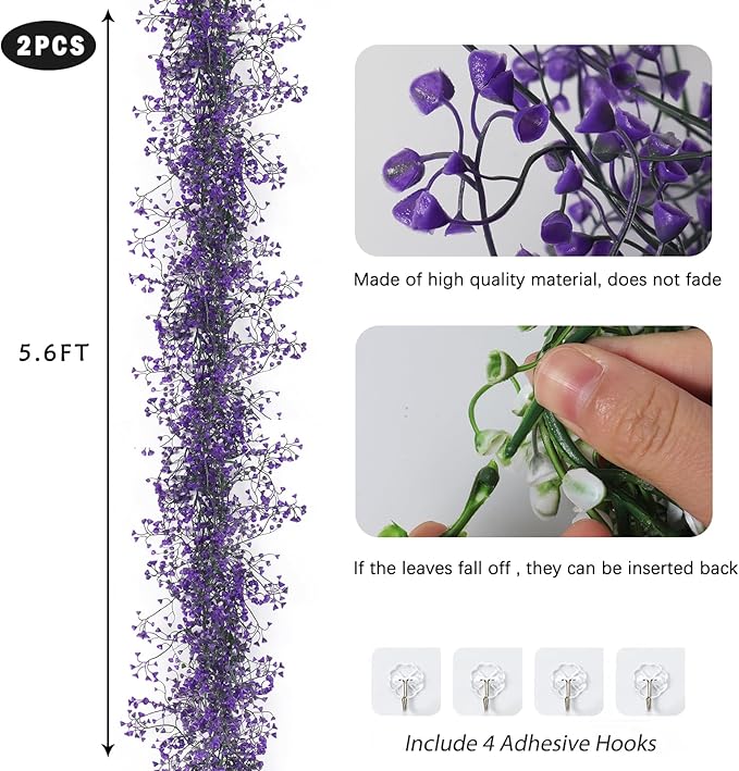 RECUTMS Artificial Hanging Plant 2Pcs 5.6Ft Fake Garland Plant Greenery Faux Ferns Leaves Ivy Garland for Home Indoor Outdoor Wedding Farmhouse Mantle Table Centerpiece Christmas Party Decor(Purple)