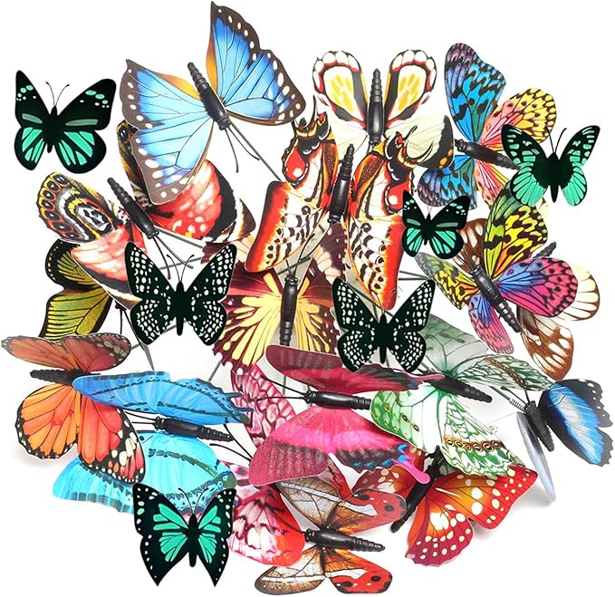 50pcs Glow in The-Dark Butterfly Garden Posts -3.2inch Colorful Butterfly Decorations for Outdoor Gardens, courtyards, Flower beds, Indoor planters, Party Decorations - Waterproof Material