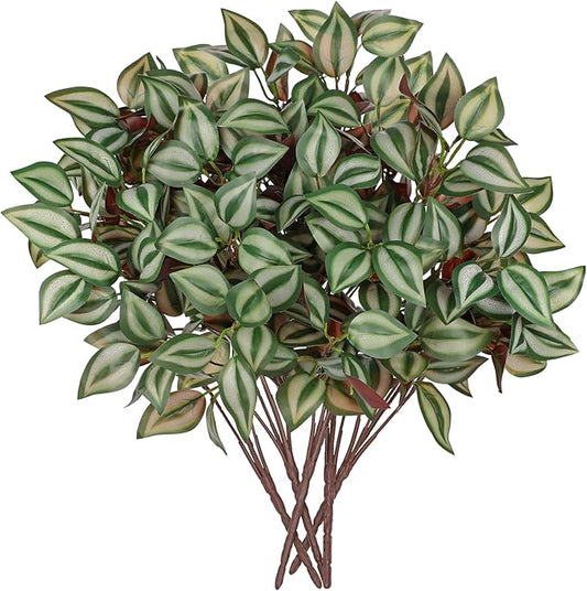 Hollyone 5 Bundles Artificial Greenery Plants Stems Faux Wandering Jew Leaves Plant Bouquet Fillers for Arrangement, Fake Shrub Bushes Plants for Home Centerpiece Indoor Outdoor Garden Patio Porch