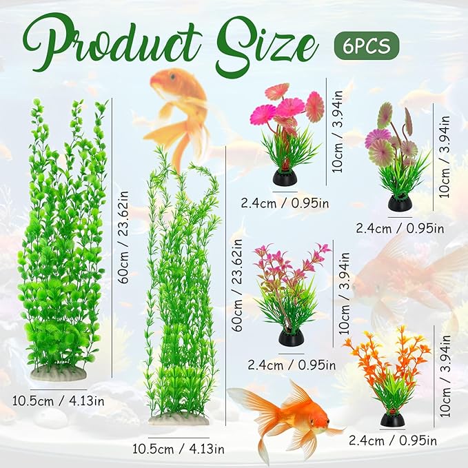 6 pcs Tall Aquarium Plastic Plants, Featuring Two 23.6-inch Green and Four 3.9-inch Multi-Color - Artificial Plastic Plants for Fish Habitat Decor, Safe Bendable Underwater