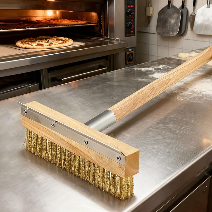 Commercial Oven Brush - Long Handle Pizza Oven Scraper Brush with Nylon & Brass Bristles for Grill & Bakery Cleaning