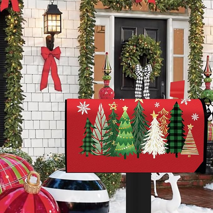Christmas Tree Red Mailbox Cover Magnetic Standard Size 20.5" x 18", Xmas Pine Trees Decorative Post Letter Box Wrap Decor, Winter Holiday Snowflake Garden Yard Outdoor Decoration