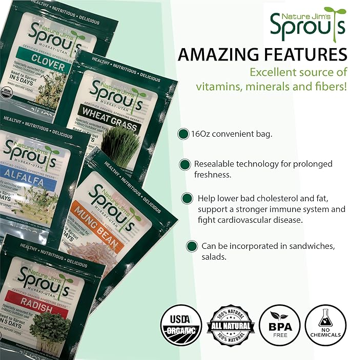 Nature Jims Sprouts Wheat Grass Seeds – Non-GMO Organic Seeds for Planting, Cat Grass Kit Planter & Sprouting –Resealable Bag for Fresh Wheatgrass Sprouts – Packed with Vitamins, Fiber & Minerals–16oz