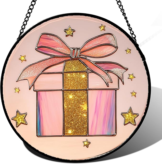 Stained Glass Window Hanging - Pink Gift Box Star Suncatcher for Doors Home Christmas Decoration Winter Sun Catcher Thanksgiving New Year Birthday Gifts for Women Men Mom Nana Girl 11.8 in