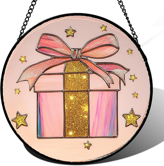 Stained Glass Window Hanging - Pink Gift Box Star Suncatcher for Doors Home Christmas Decoration Winter Sun Catcher Thanksgiving New Year Birthday Gifts for Women Men Mom Nana Girl 11.8 in