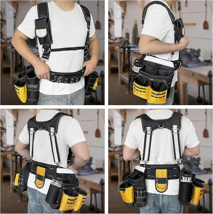 Tool Belt with Suspenders for Men, Heavy Duty Construction Tool Belt with 32 Pockets, 1680D Ballistic Material, Reflective Strips for Safety, HVAC Toolbelt for Men