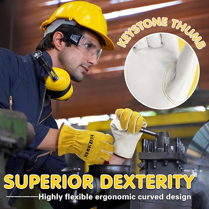 Leather Work Gloves, Puncture Proof Garden Gloves for Women, Heavy Duty Safety Working Gloves for Men