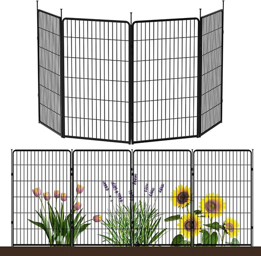 SunsGrove Garden Fence 45 in(H) x 8.9 ft(L) 4 Panels, Heavy Duty Metal Animal Barrier Fence for Dogs, Easy No-Dig Setup, Decorative Dog Fences, Black