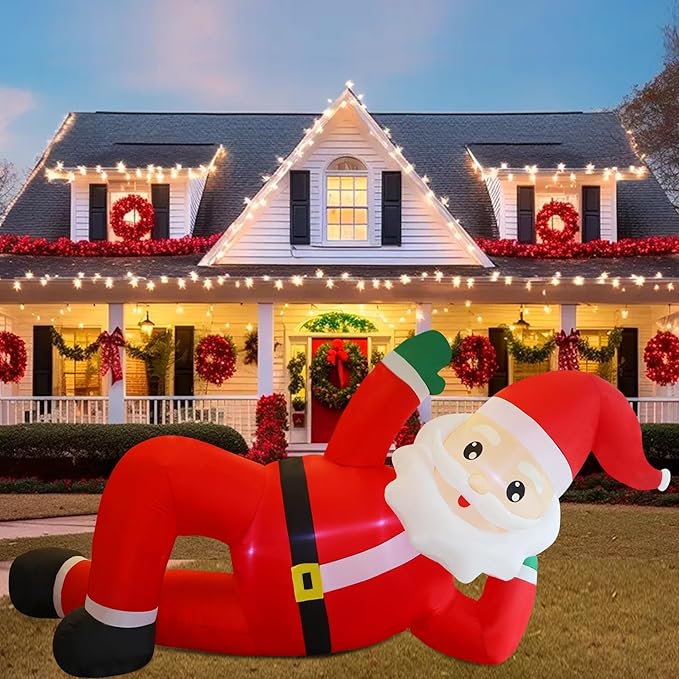 Juegoal Christmas Inflatables Outdoor Decorations, 12FT Long Inflatable Xmas Santa Claus, Lighted Blow Up Giant Lying Santa with Built in LED Lights, Light Up Holiday Winter Lawn Yard Garden Decor