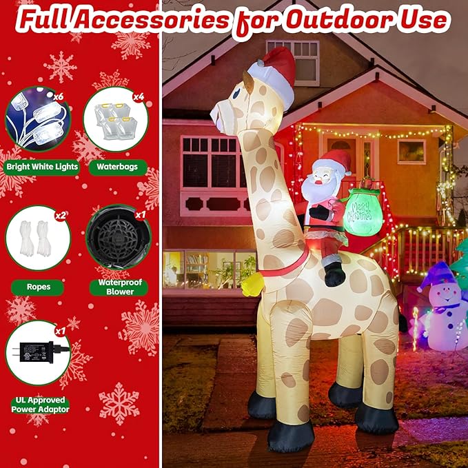 10FT Christmas Inflatables Santa Claus Rides Giraffe, Christmas Blow Ups Outdoor Decoration, Built-in LEDs for Holiday Party Front Garden Lawn Yard Patio Outdoor