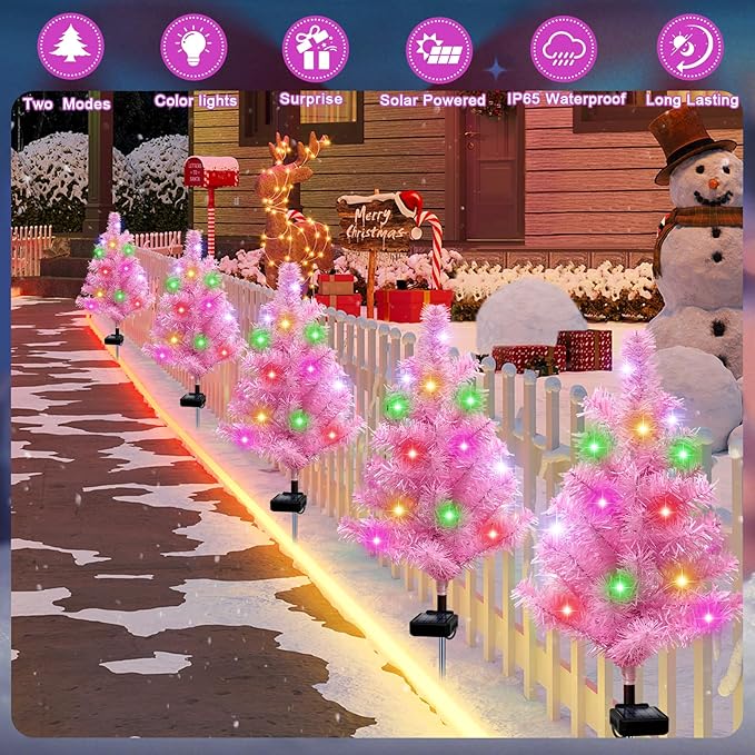 Solar Christmas Tree Outdoor Decor, Waterproof Solar Xmas Decorations Garden Stake Lights, Multi-Color LED Christmas Décor for Outside Landscape Pathway Porch Yard Holiday (4 Pcs Pink)