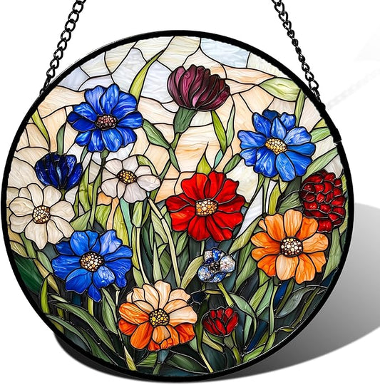 Stained Glass Suncatcher, Colorful Flowers Green Leaf Sun Catcher Landscape Stain Glass Window Hanging Decoration Mother's Day Birthday Gifts for Women Men Mom Nana 9.8 in
