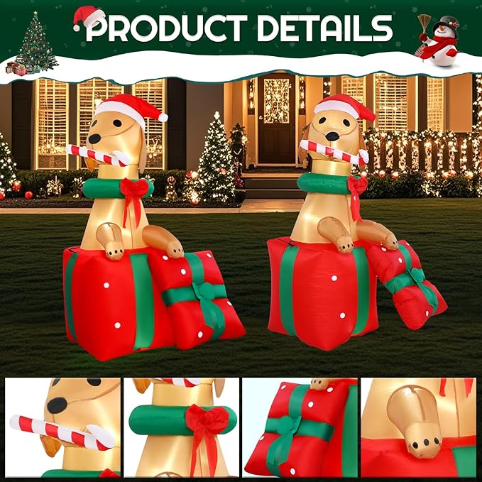5FT Dog Christmas Inflatables Outdoor Golden Retriever Christmas Indoor Blow Ups Yard Decorations Inflatable Ouside Xmas Funny Blow Ups Holiday Yard Decorations for Party Garden Lawn Holiday Decor