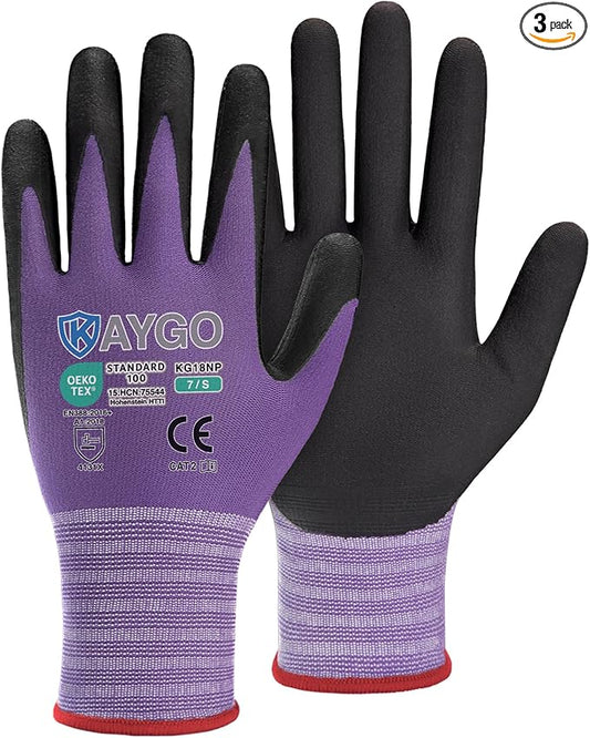 KAYGO Safety Work Gloves MicroFoam Nitrile Coated, 3 Pairs KG18NB,Seamless Knit Nylon Glove for Men and Women, Ideal for Automotive,Warehouse,Construction (S,Purple)