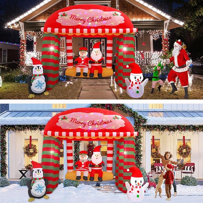 10FT Santa Claus Swing with Built-in LED Lights and Colorful Rotating Lights, Suitable for Christmas Lawns, Gardens, Courtyards Outdoor Inflatable Decoration