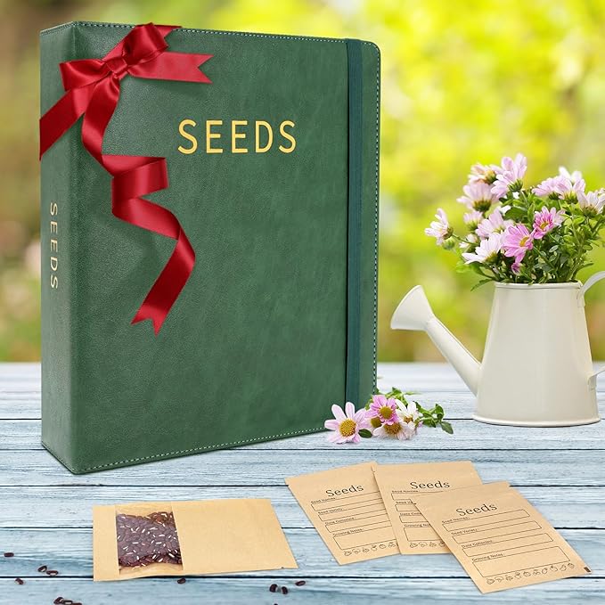 Seed Storage Organizer Binder-Garden Seed Packet Organizer with 50 Pack Seed Packet Sleeves that Stores 200 Seed Envelopes-100 Resealable Seed Saving Envelopes for Seed Storage, Seed Saver