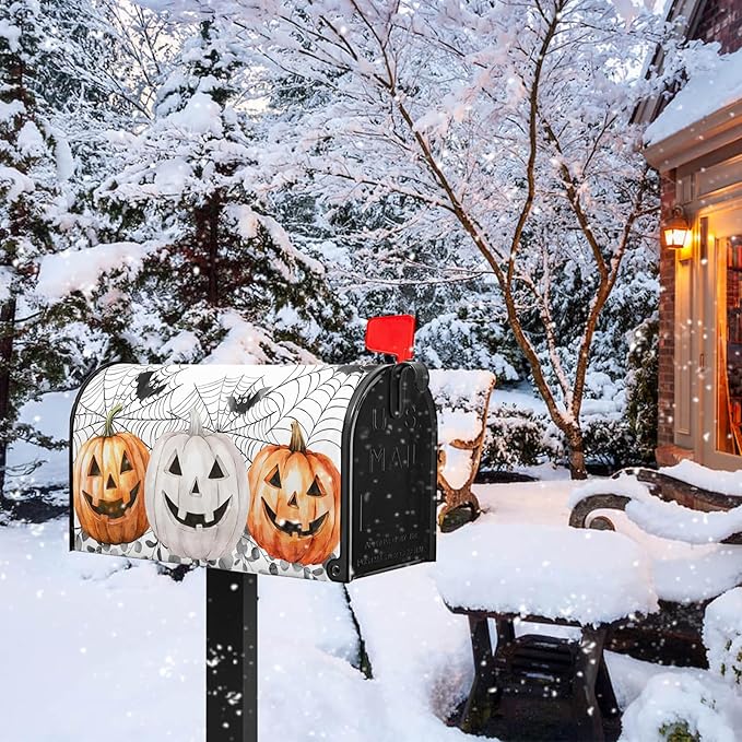 Halloween Pumpkin Mailbox Covers Bat Spider Web Mail Box Cover Magnetic Standard Size 21x18 inch Fall Autumn Post Letter Box Cover Outdoor Decor for Garden Eucalyptus Leaf
