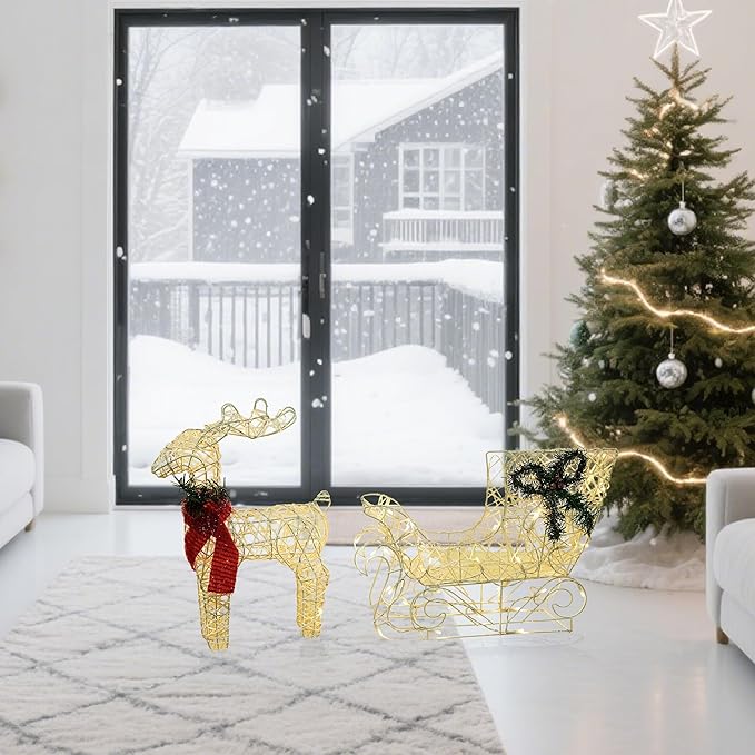 Lighted Reindeer & Sleigh Christmas Decor, 17" Pre-lit Rattan Deer 3D Holiday Displays, 70 Warm White LED, Indoor/Outdoor Yard Decoration, Easy Assembly & Durable Frame, White