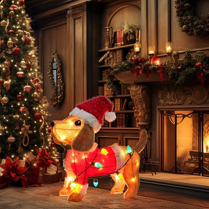 Lighted Christmas Decorations Outdoor/Indoor, 3D Dachshund with Xmas Hat and C9 String Lights, Sausage Dog Christmas Decor for Home Yard Garden Holiday Party