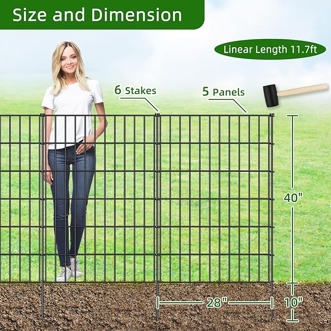 Metal Garden Fence 40in (H) x 11.7ft (L), 5 Panels + 6 Stakes Dog Fence Border Fence Animal Barrier, No Dig Garden Fencing for Yard Flower Bed Lawn Patio Outdoor, PIN402805 Black