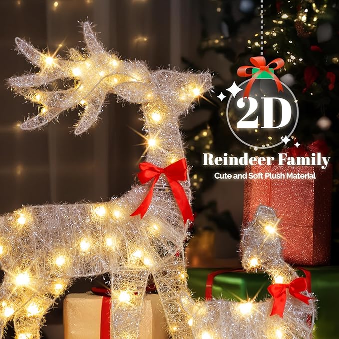 VINGLI 3-Piece Lighted Tinsel Christmas Reindeer Family Set, 3FT White Buck Doe Fawn Outdoor Yard Decorations, Pre-lit 110 Warm White LED Lights, Weatherproof Xmas Lawn Garden Home Decor