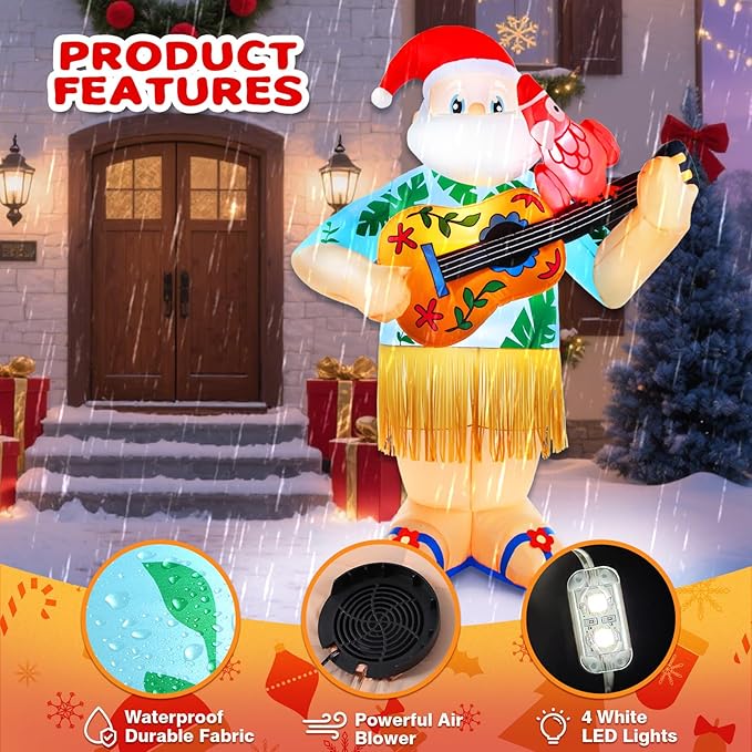 6.4FT Christmas Inflatables Santa Claus Playing Guitar Santa Parrot Outdoor Decorations Blow Up Yard Xmas Decor with Built-in LED Lights for Holidays Lawn Home Indoor Outside
