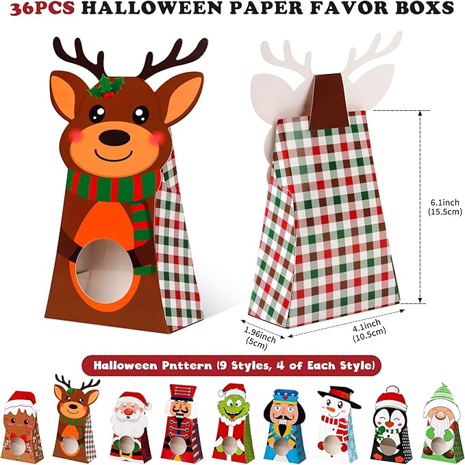 Giiffu 36-Pack Christmas Goodie Boxes with Clear Window, 9 Festive Designs Small Candy Gift Boxes for Classroom Treats, Birthday Party Favors & Holiday Celebrations (7.5 x 4 x 2 Inches)