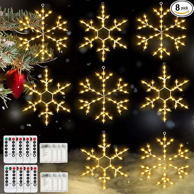 Tuanse 8 Pcs Christmas Silhouette Window Lights Christmas Snowflake Lights with Remote Control LED Lighted Snowflake Decorations Xmas for Window Wall (Warm White)