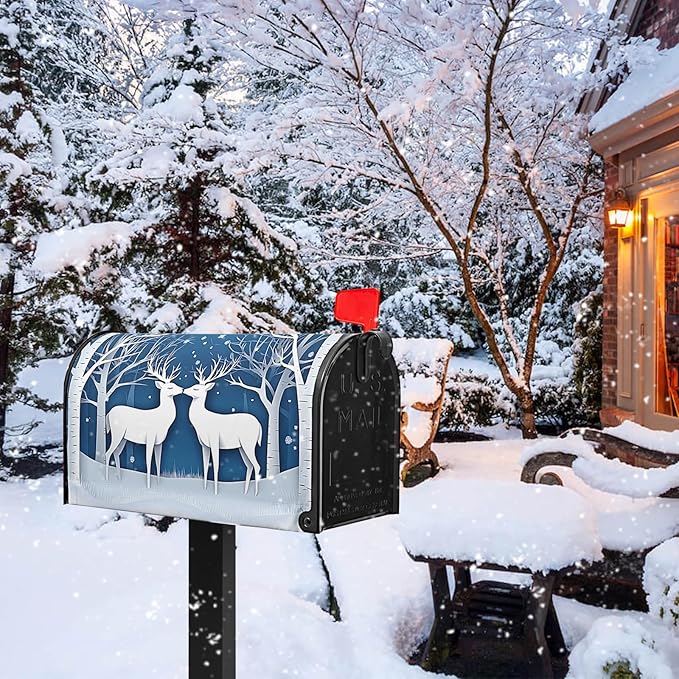 Winter Deer Mailbox Cover Snow Mailbox Covers Magnetic Standard Size 21x18 inch Christmas Post Letter Box Cover Outdoor Decor for Garden