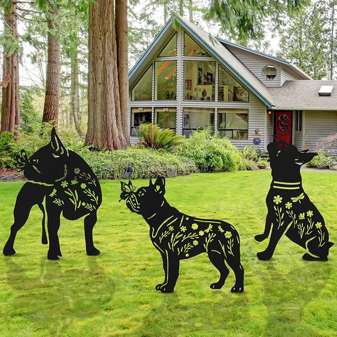 3 Pcs Metal Dog Garden Decor for Outside 12" Puppy Garden Stake Black Silhouette Statues Outdoor Decoration for Animal Lovers Gifts Women Men Patio Lawn Lawn Yard Art(Bulldog)