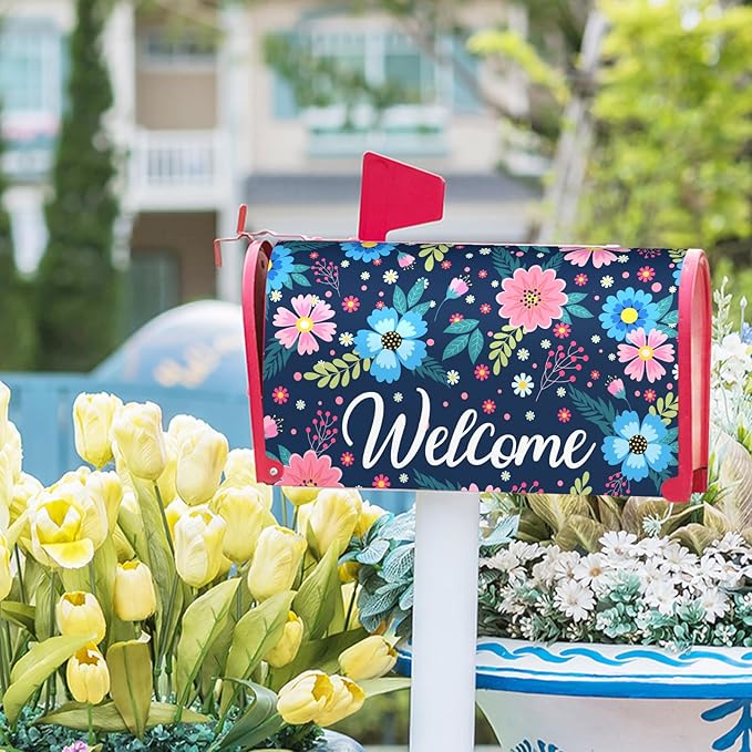 Spring Summer Flowers Mailbox Covers Magnetic Welcome Mailbox Cover Floral Magnetic Mailbox Cover Mailbox Wraps Standard Size 18" X 21" Holiday Garden Mailboxs Decorations for Outside