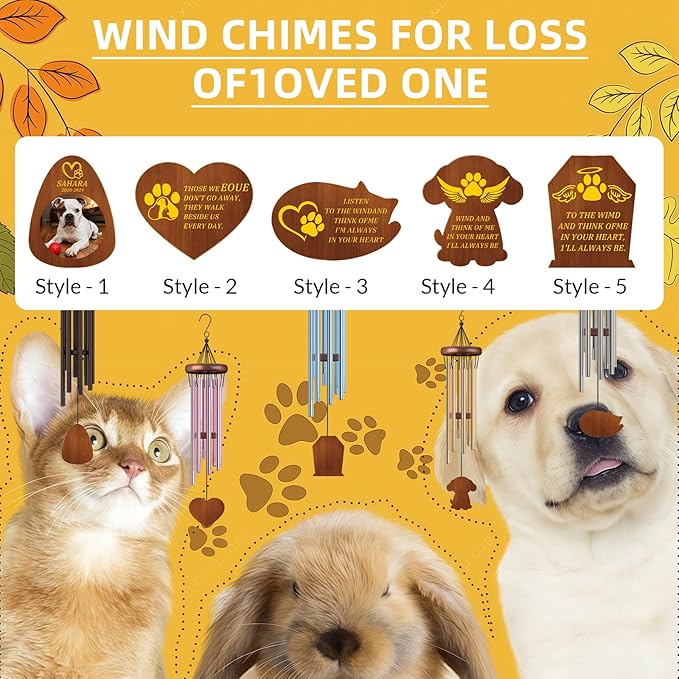 Personalized Pet Memorial Wind Chimes Custom - Custom Dog Memorial Wind Chime - Bereavement Gift for Pet Loss, Healing Wind Chimes for Loss of Cat (Heart Shape)