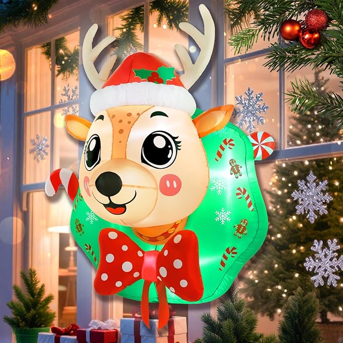 5FT Christmas Reindeer Inflatable Outdoor Yard Decoration Blow Up Inflatables Window Wreath with LED Lights for Xmas Holiday Décor