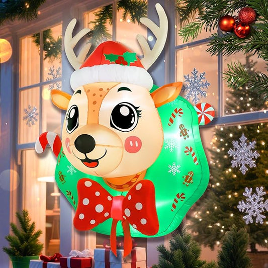5FT Christmas Reindeer Inflatable Outdoor Yard Decoration Blow Up Inflatables Window Wreath with LED Lights for Xmas Holiday Décor