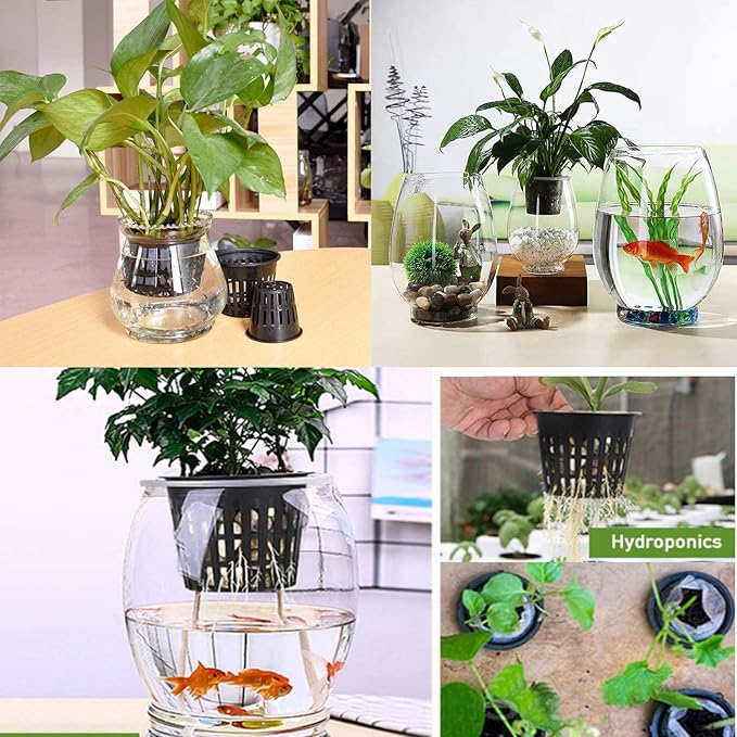 4 Inch Plastic Net Cups, Pots Plant Containers, for Hydroponics Aquaponics Orchids, 10 Pcs Black, with 20pcs Garden Tags.