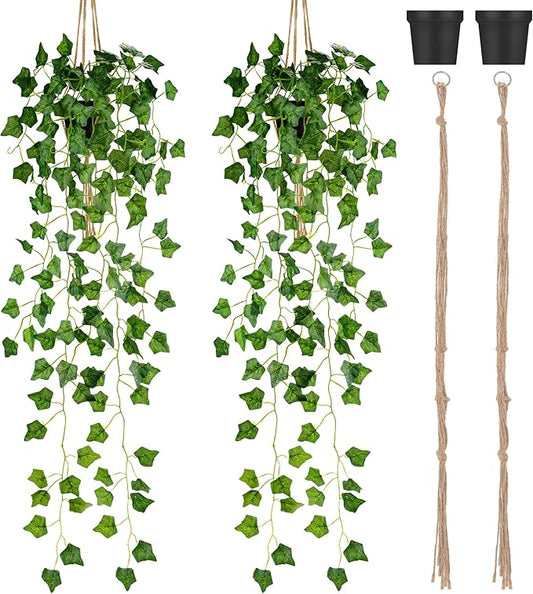 Folmywy 2 Pack Artificial Hanging Plants Vines with Pot Fake Greenery Potted Plant Realistic Ivy Vine Leaves Decoration for Wall Home Windowsill Shelf Living Room Indoor Outdoor Decor