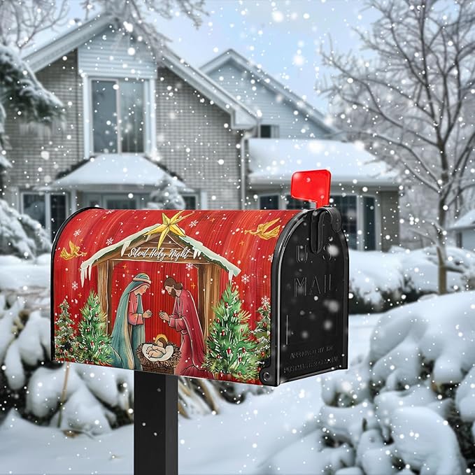 Christmas Mailbox Cover Holy Night Nativity Oversized Magnetic Mailbox Covers Religious Xmas Jesus Nativity Scene Decorative Post Letter Box Wrap for Winter Holiday Large Size 25.5 X 21 Inch