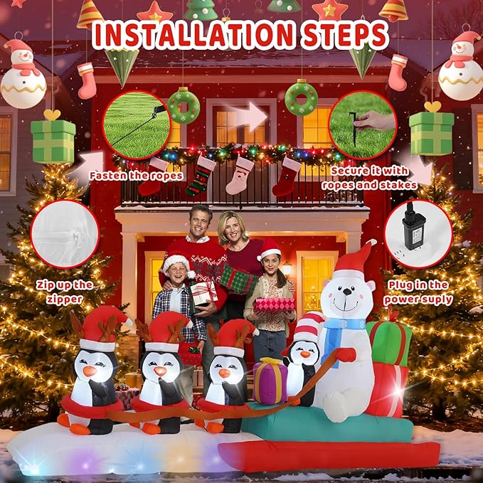 10FT Penguin Pulling a Polar Bear On a Sleigh Christmas Outdoor Inflatable Decoration, Built-in LED Lights and Flashing Lights, Suitable for Christmas Lawns, Gardens, and Courtyards