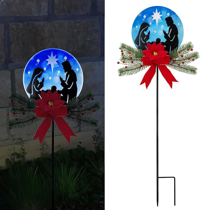 Nativity Scene Christmas Decorations Outdoor, 36" Jesus Solar Christmas Decor Metal Yard Stake, Outdoor Garden Decor Blue Stained Glass with Decorative Floral Christmas Decoration Gifts