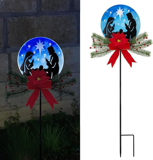 Nativity Scene Christmas Decorations Outdoor, 36" Jesus Solar Christmas Decor Metal Yard Stake, Outdoor Garden Decor Blue Stained Glass with Decorative Floral Christmas Decoration Gifts