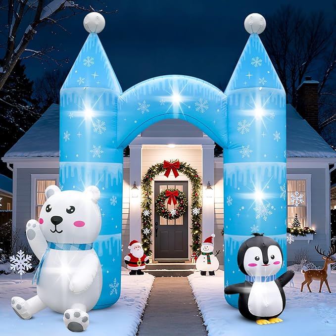 10FT Christmas Penguin Polar Bear Inflatable Arch Outdoor Decoration Snowflake Castle Blow Up Yard Decorations with 7 Lights Giant Inflation for Xmas Archway Indoor Lawn Garden Holiday Winter Party