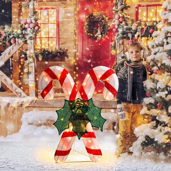 Lighted Christmas Candy Cane Decoration Outdoor Pre-lit 3D Crossed Candy Cane Glittered with LEDs Lighted Up Standing Ornament Outdoor Indoor Christmas Decoration for Home Lawn Yard Garden Display