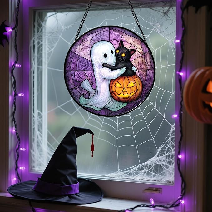 Stained Glass Window Hanging - Halloween Decorations Ghost Black Cat Pumpkin Suncatcher for Door Garden Spooky Purple Sun Catchers Gothic Decor Horror Gifts for Women Men Friend Boy 15 in