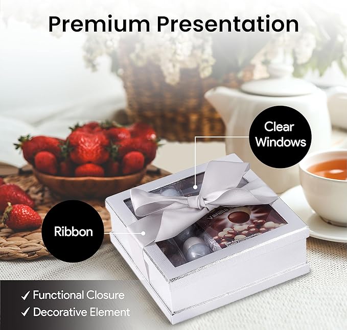 Hammont Clear Window Gift Boxes - 3 Pack - Multipurpose Bakery Boxes with Ribbon | Treat Boxes Perfect for Party Favors, Cookies and Cupcakes (Silver, 7” x 7” x 2”)