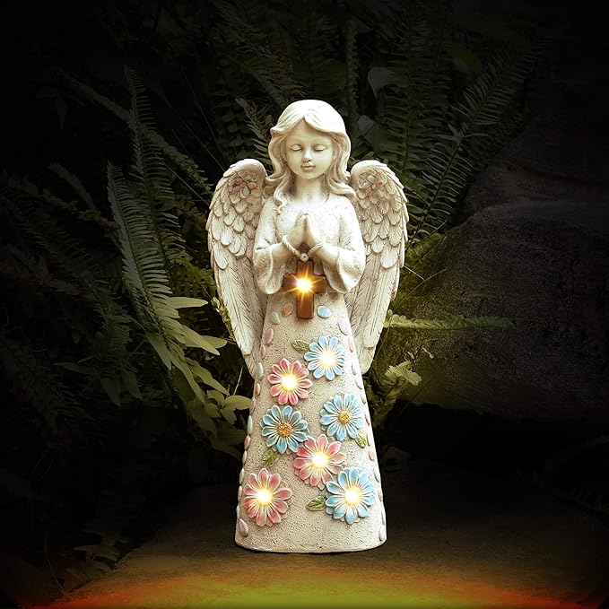 Angel Garden Statue Outdoor Figurine, Solar Powered Garden Sculpture with 6 LEDs Resin Praying Angel Decor for Patio Lawn Yard Porch Decoration Christmas Birthday Housewarming Present 13.2” H