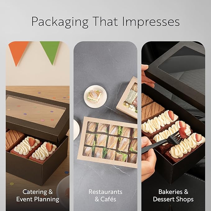 Restaurantware Cater Tek 17.9 x 12.3 x 3.2 Inch Baked Goods Boxes 10 Greaseproof Pastry Boxes - Window Lids Insert Tab Lock Black Paper Catering Boxes Easy Assembly For Charcuterie Or Cupcakes