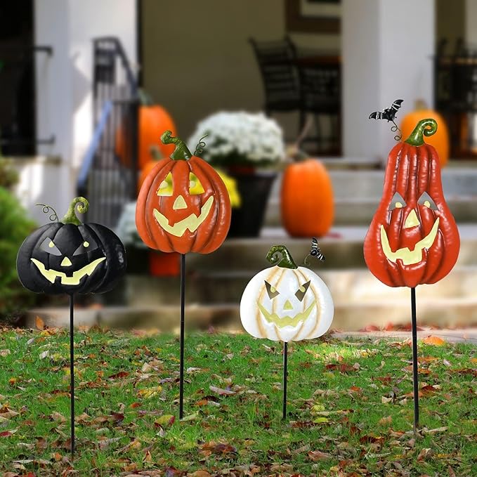 Halloween/Thanksgiving Metal Stakes Pumpkin, Jack o Lantern Spooky Faces Smile with Luminous Effect, Garden Yard Signs, Halloween Pumpkins Outdoor, Pumpkin Decorations Outdoor,Set of 4